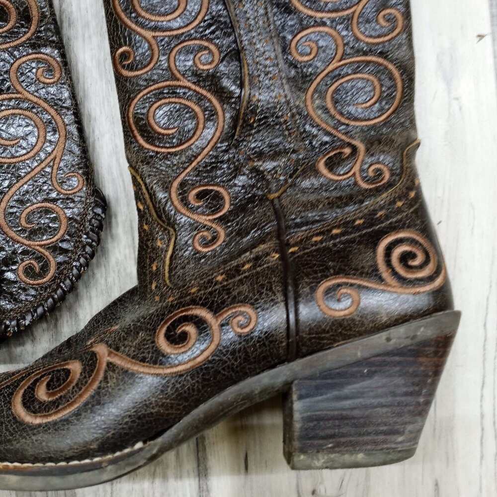 Ariat Dark Brown Leather Heeled Western Boots with Tan Stitching - Picture 2 of 15